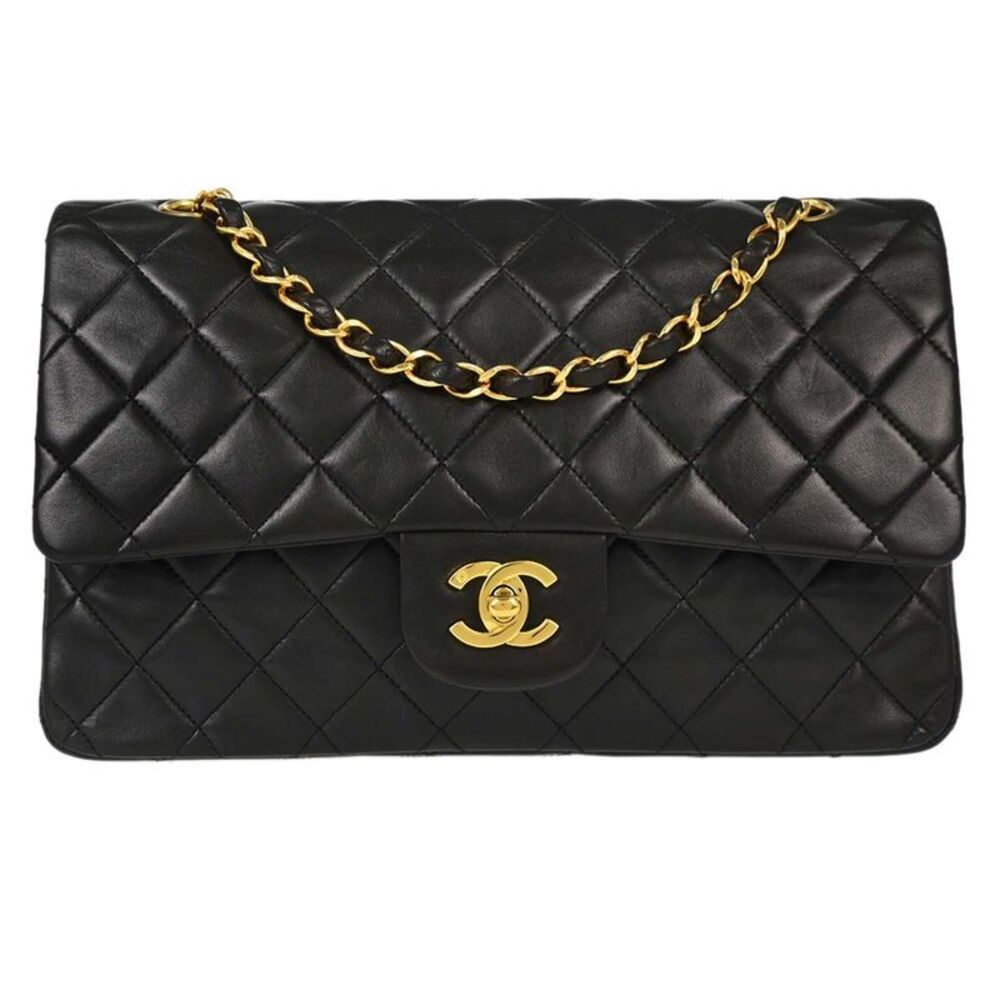 Chanel Vintage Classic Double Flap Quilted Lambskin Black Leather Handbag